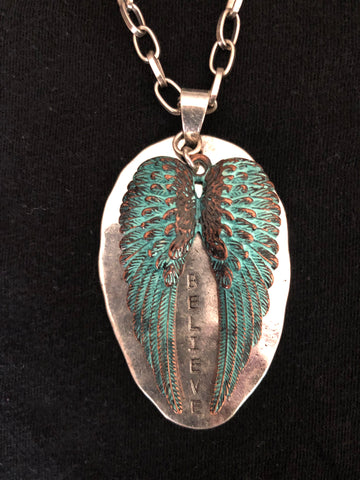 Silver Believe Shield with Turquoise Angel Wings Necklace