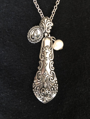 PRAY antique silver necklace w/ pearl and praying hands charm
