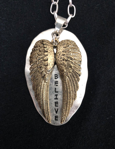 Silver Believe Shield with Gold Angel Wings Necklace