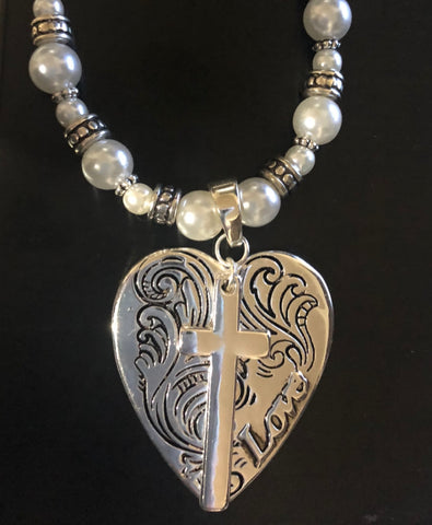 Silver Heart with Cross on Silver Pearl Necklace