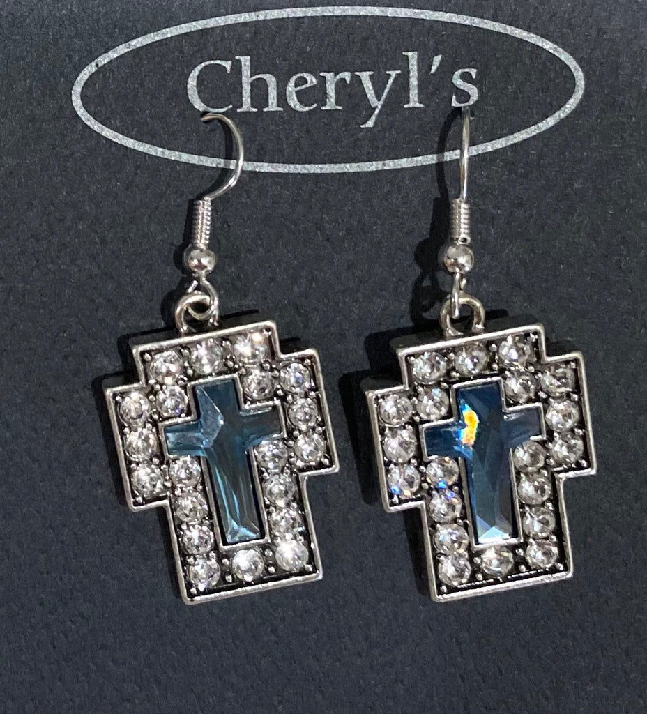 Blue and Clear Stone Cross Earrings