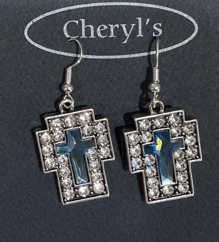 Blue and Clear Stone Cross Earrings