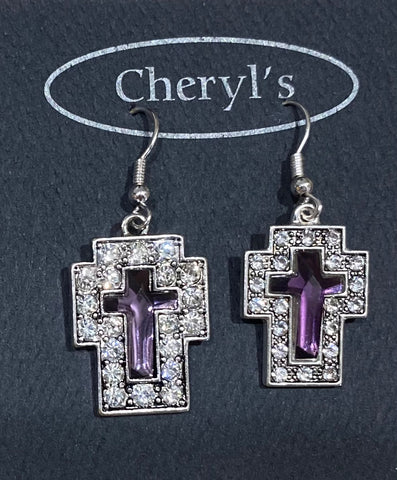 Purple and Clear Stone Cross Earrings