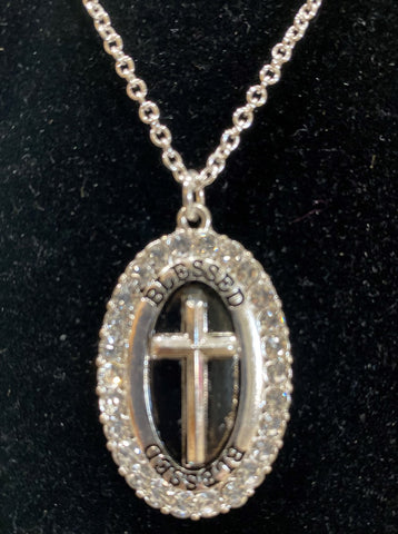 Silver & Black Oval Cross/ Blessed Necklace