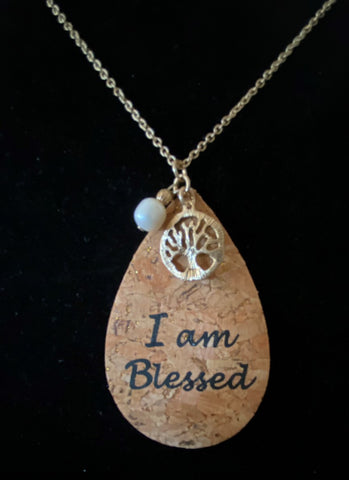 Cork Tear Drop I am Blessed necklace