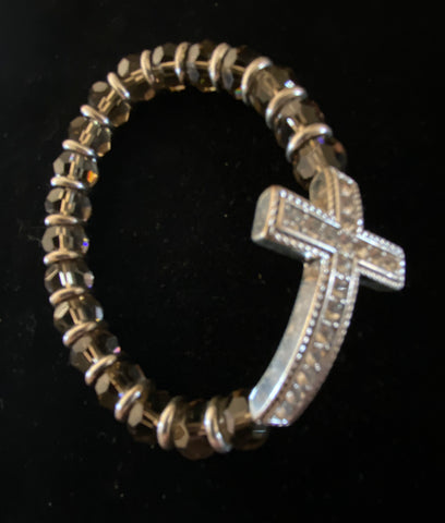 Clear Stone Cross Bracelet with Taupe Beads.