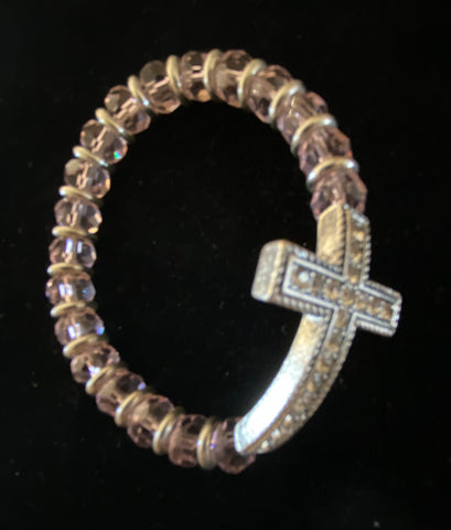 Clear Stone Cross Bracelet with Pink Beads.