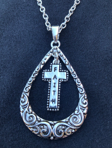Silver Teardrop Necklace with Faith  Cross
