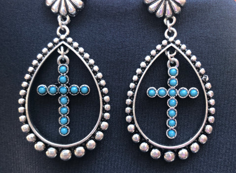 Silver Teardrop with Turquoise Cross Earrings