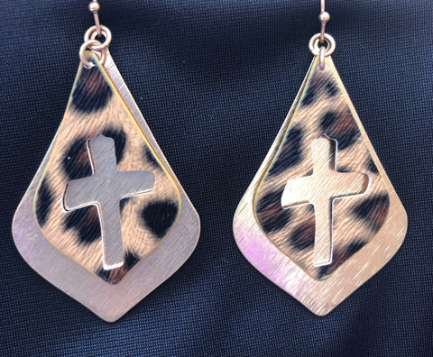 Leopard Leather cut out Cross with Gold Metal Disc Earrings.