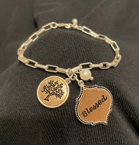 Blessed, Tree of Life, Pearl Chain charm Bracelet