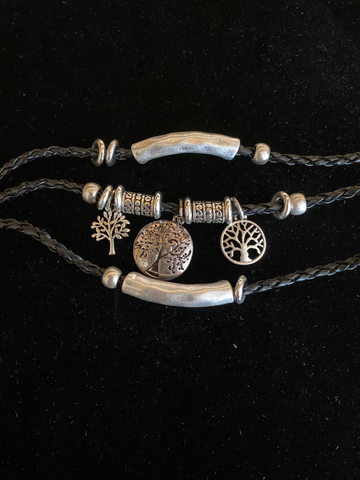 Black three strand silver Tree of life charm bracelet w/ magnet close