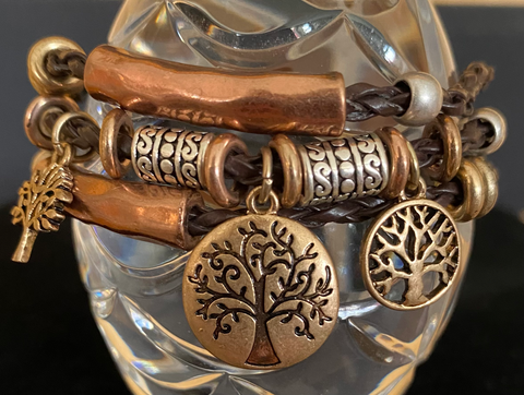 Brown tricolor three strand tree of life charm bracelet w/ magnet close
