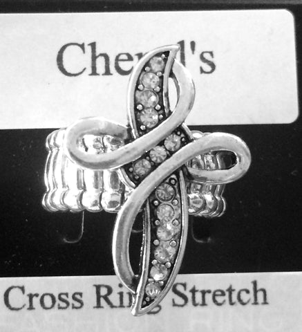 Stretch Silver Treble Clef Cross Ring