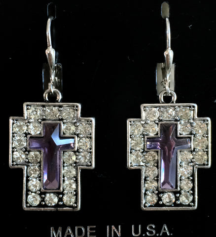 Purple/pink  & Silver Cross Earrings
