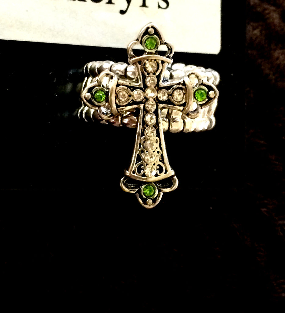 Silver Stretch Cross Ring w green accent stones