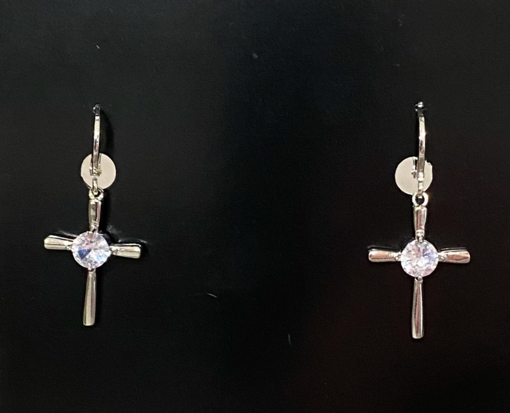 Silver Cross Earrings with Clear Stone