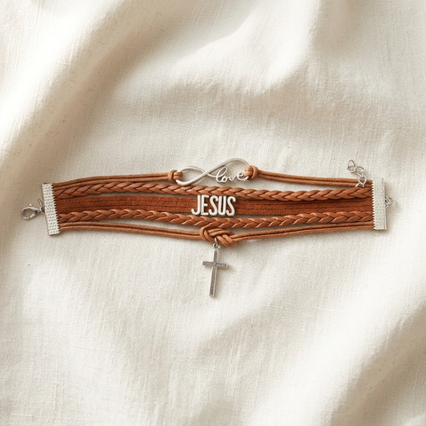 Brown 5-layer LOVE, JESUS, and Cross charm Bracelet