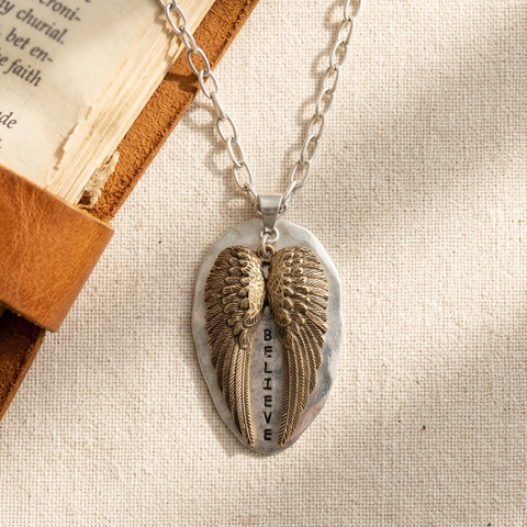 Silver Believe Shield with Gold Angel Wings Necklace