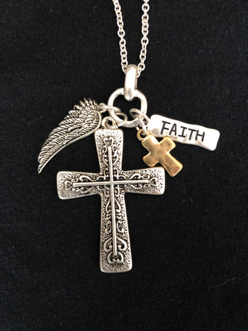 Silver Cross Necklace with small Gold Cross, Angel wing and Faith Charm