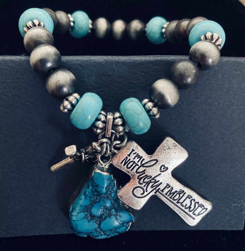 I'm not lucky, I'M BLESSED grey and turquoise beaded charm bracelet