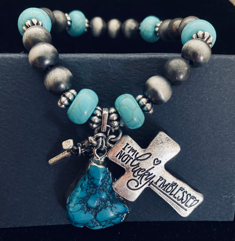 I'M BLESSED grey and turquoise beaded charm bracelet