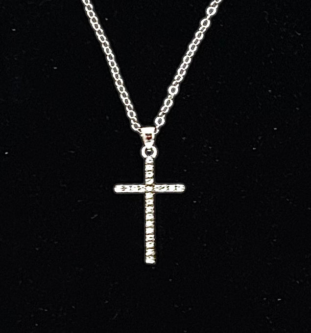 Silver thin Cross Necklace w/ clear stones