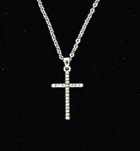 Silver thin Cross Necklace w/ clear stones