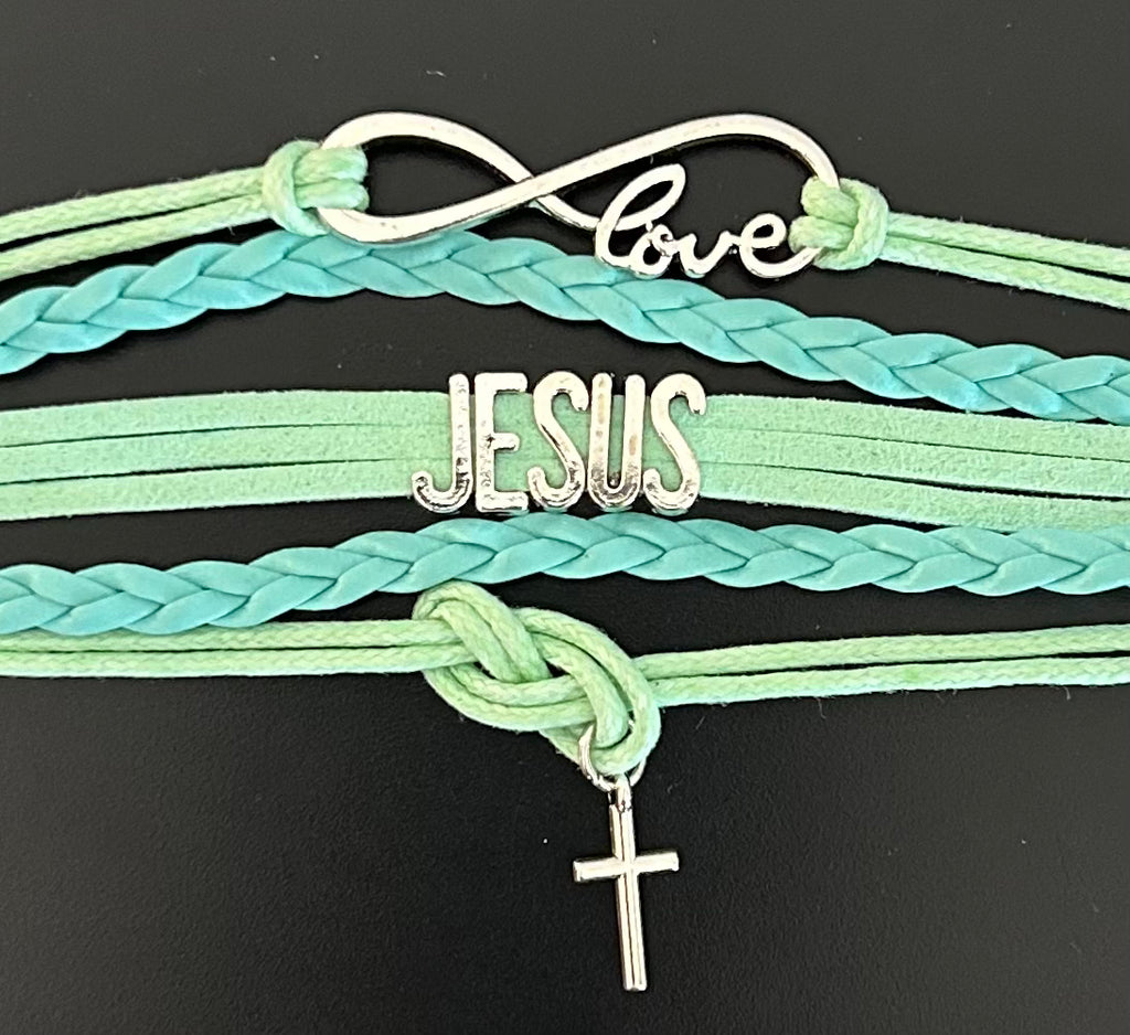 Aqua Green 5 layer Jesus, Love, and cross charm Bracelet