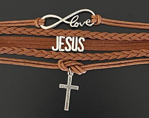 Brown 5-layer LOVE, JESUS, and Cross charm Bracelet