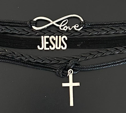 Black 5 layer Jesus, Love, Cross Bracelet