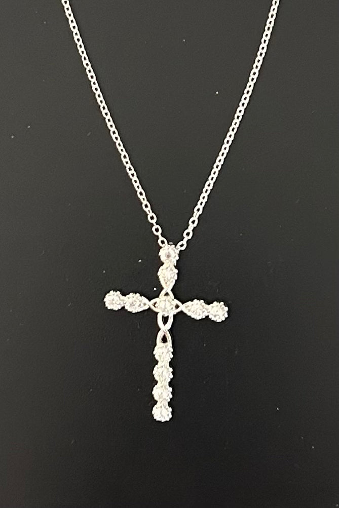 Clear Stone Silver Cross Necklace