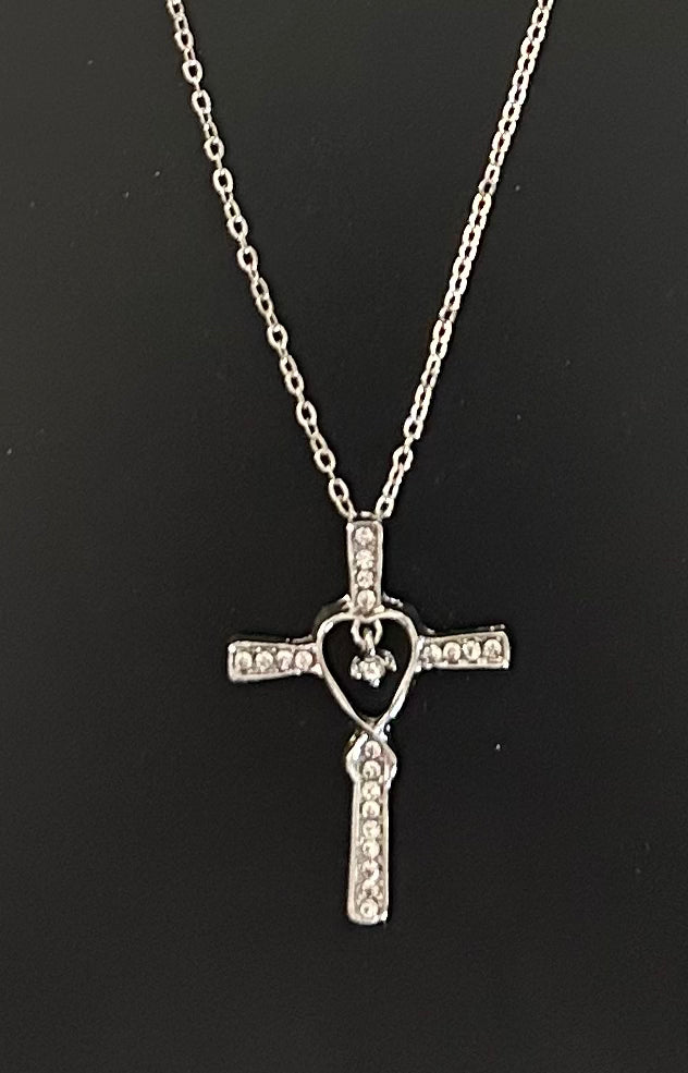 Silver clear stone Cross with open heart Necklace