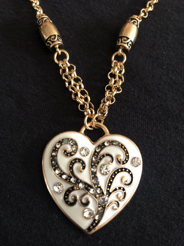 White Heart Necklace with Gold Scrolling