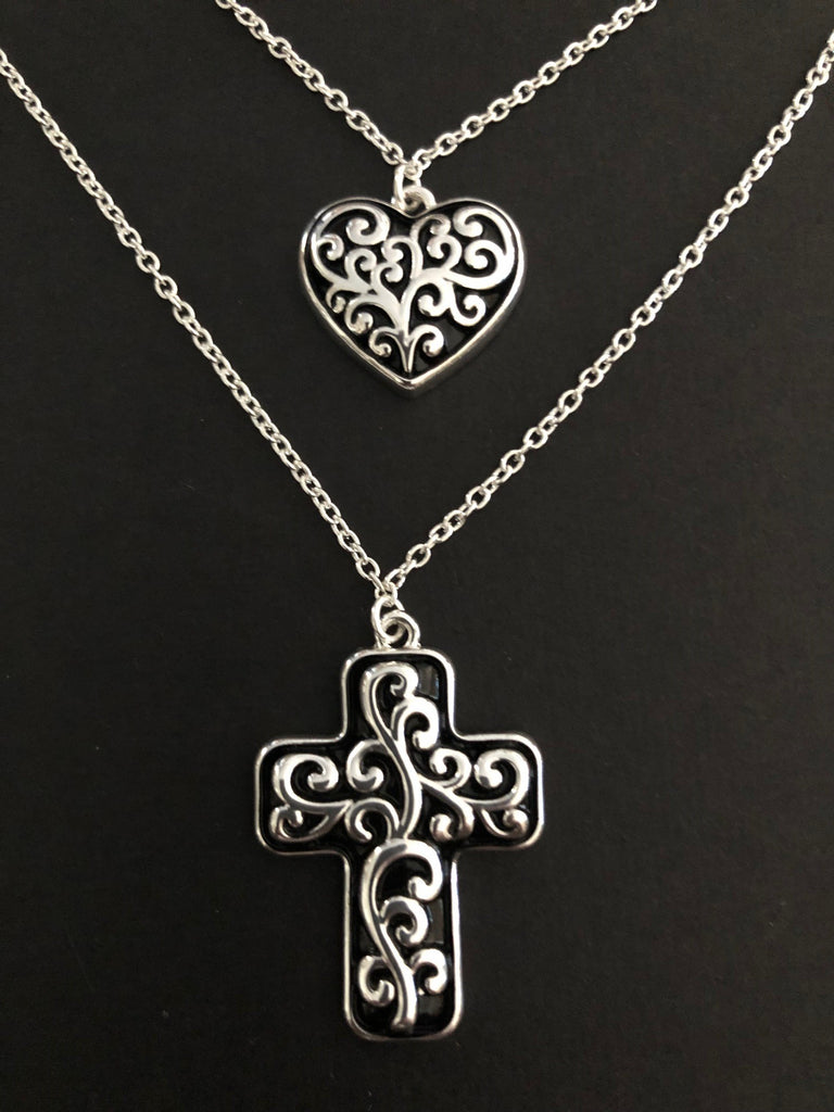 Black and Silver Heart and Cross Necklace