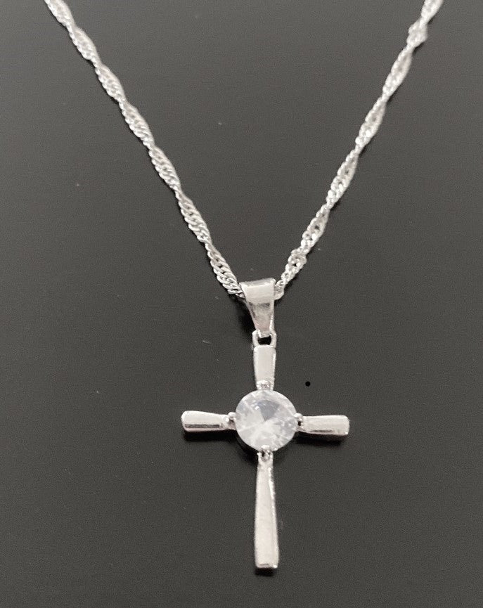 Silver Cross with Clear Stone Necklace