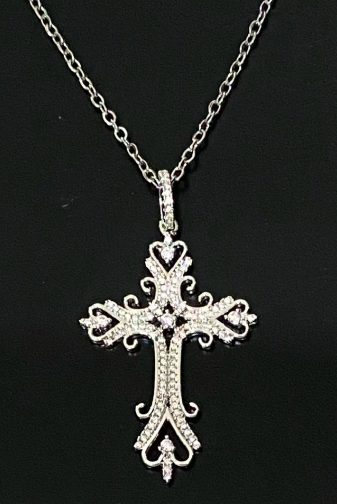 Silver Cross Necklace with Clear Stones