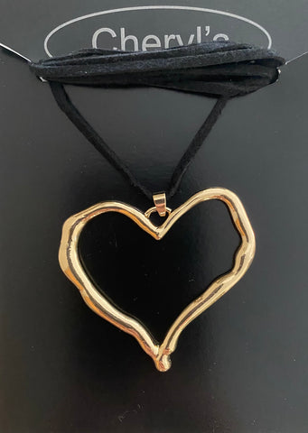 Gold Big Heart Necklace w/ long black rope