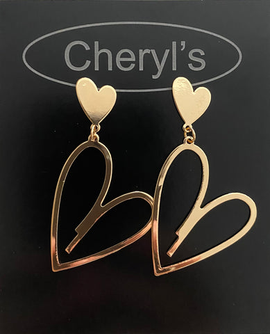 Gold Heart stud with Heart dangling earrings