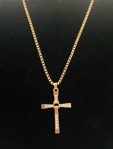 Gold box link chain cross necklace with clear stones (unisex)