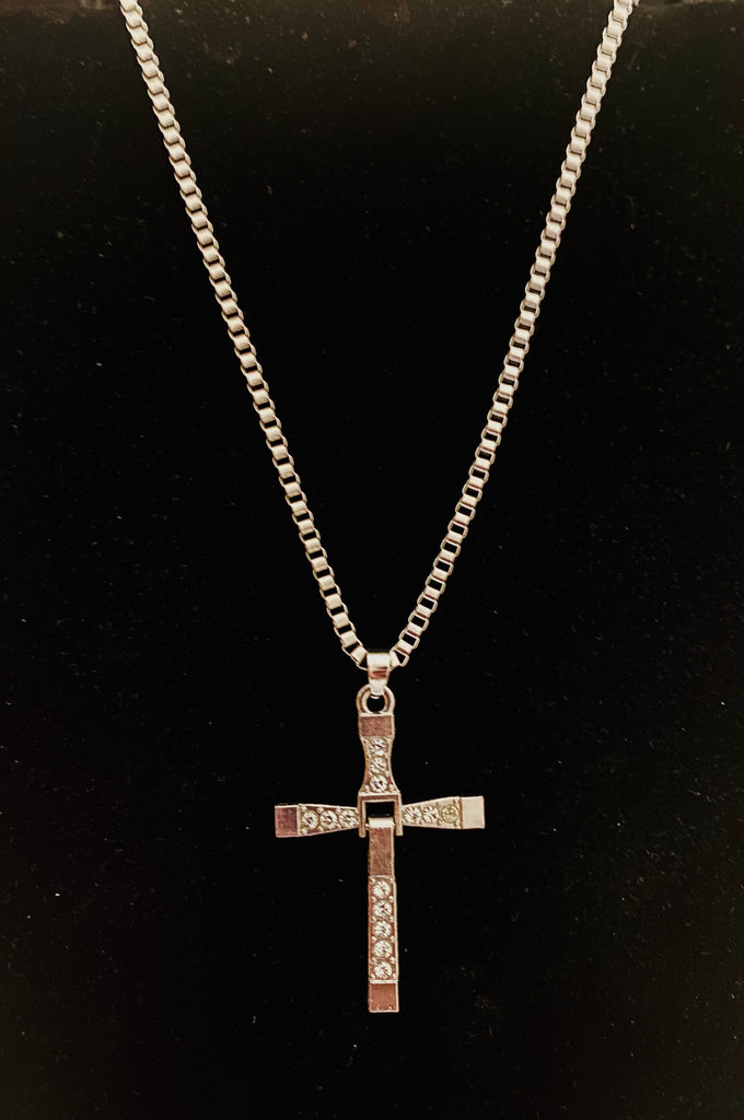 Silver Cross Necklace w/ clear stones 18 inch box link chain