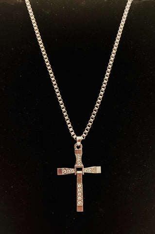 Silver Cross Necklace w/ clear stones 18 inch box link chain