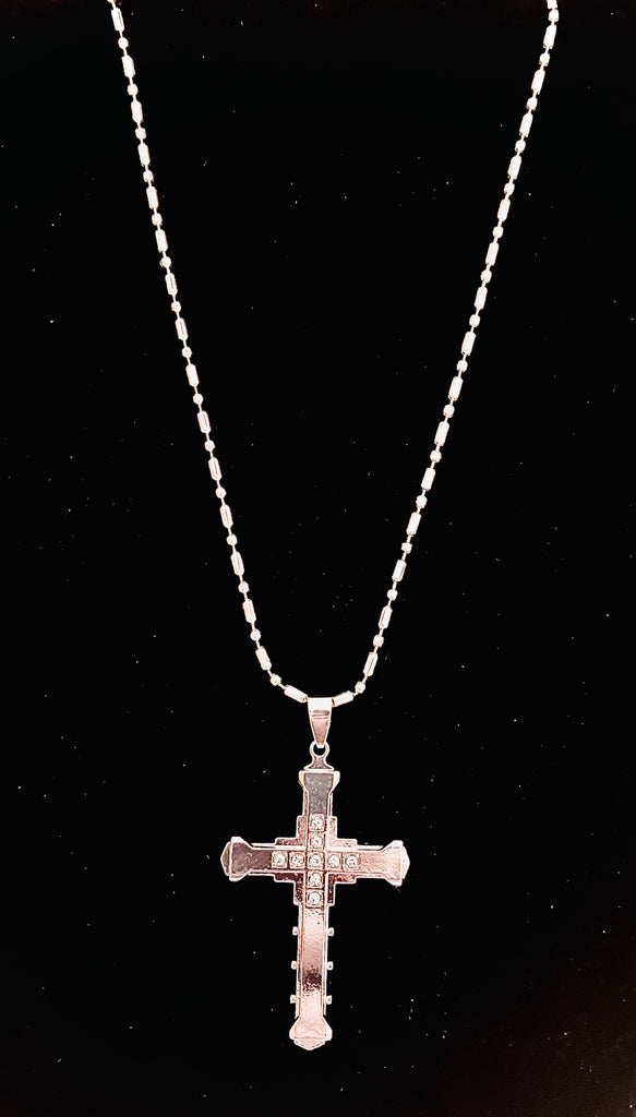 Silver Dimensional Cross Necklace w/ clear stones and 22 inch chain