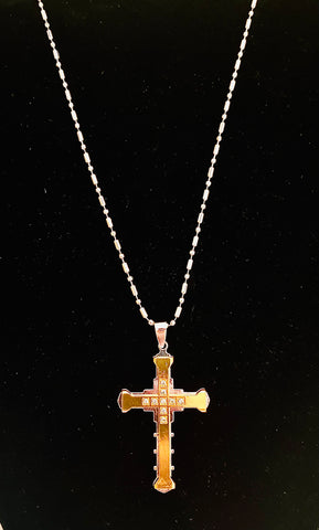 Gold Dimensional cross w/ silver 22 inch chain Necklace w/ clear stones
