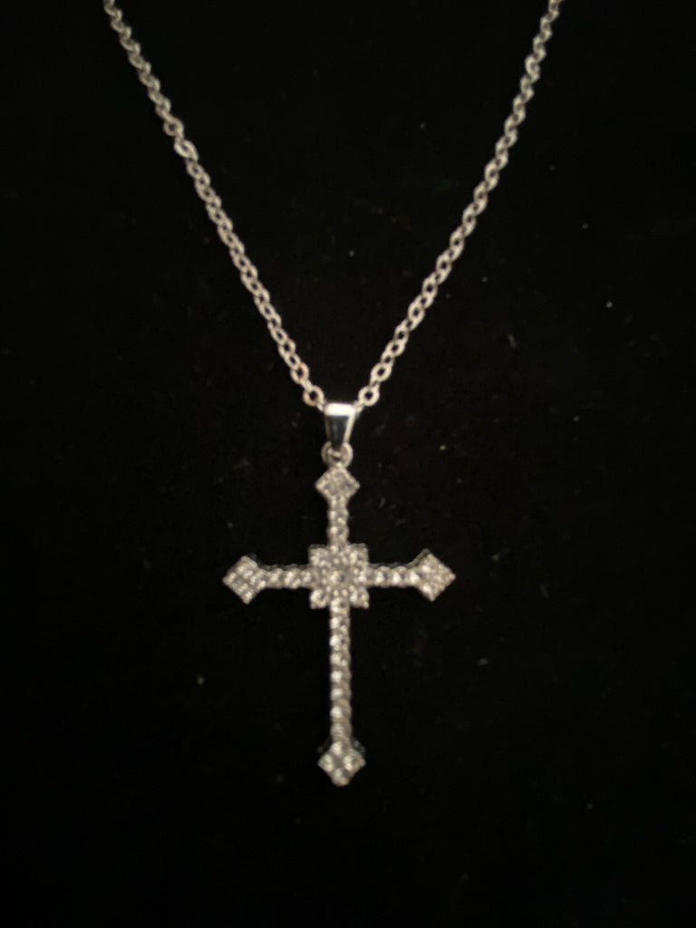 Clear Stone Cross w/ Silver 16" chain