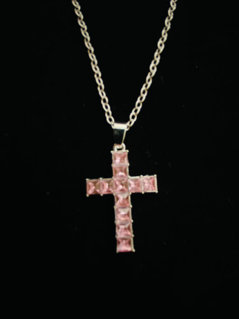 Light Pink Stone Cross Necklace with Silver 18" chain