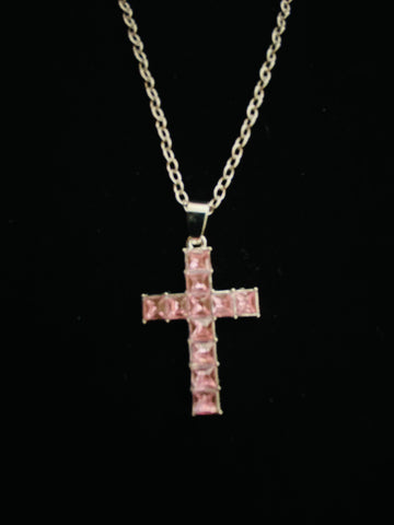 Light Pink Stone Cross Necklace with Silver 18" chain