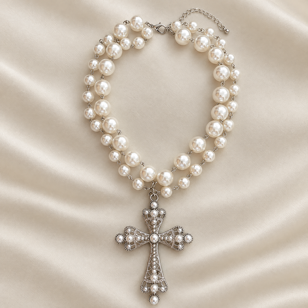 Pearl Double Necklace with Cross Pendant