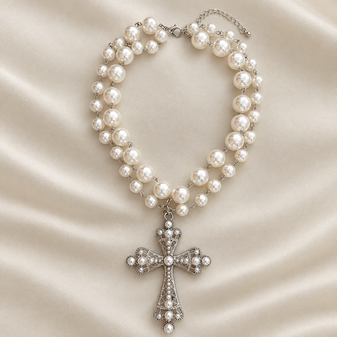 Pearl Double Necklace with Cross Pendant