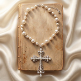 Big White Pearl Cross with pearl beaded Necklace